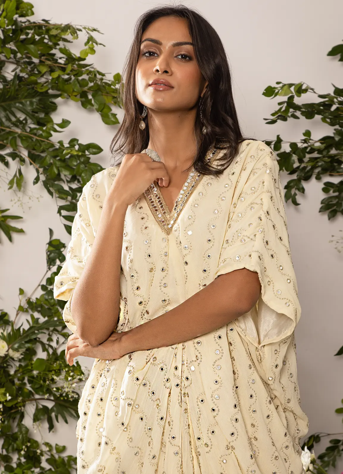 astoria Ivory Mirror Work Drape Kaftan - Image 4