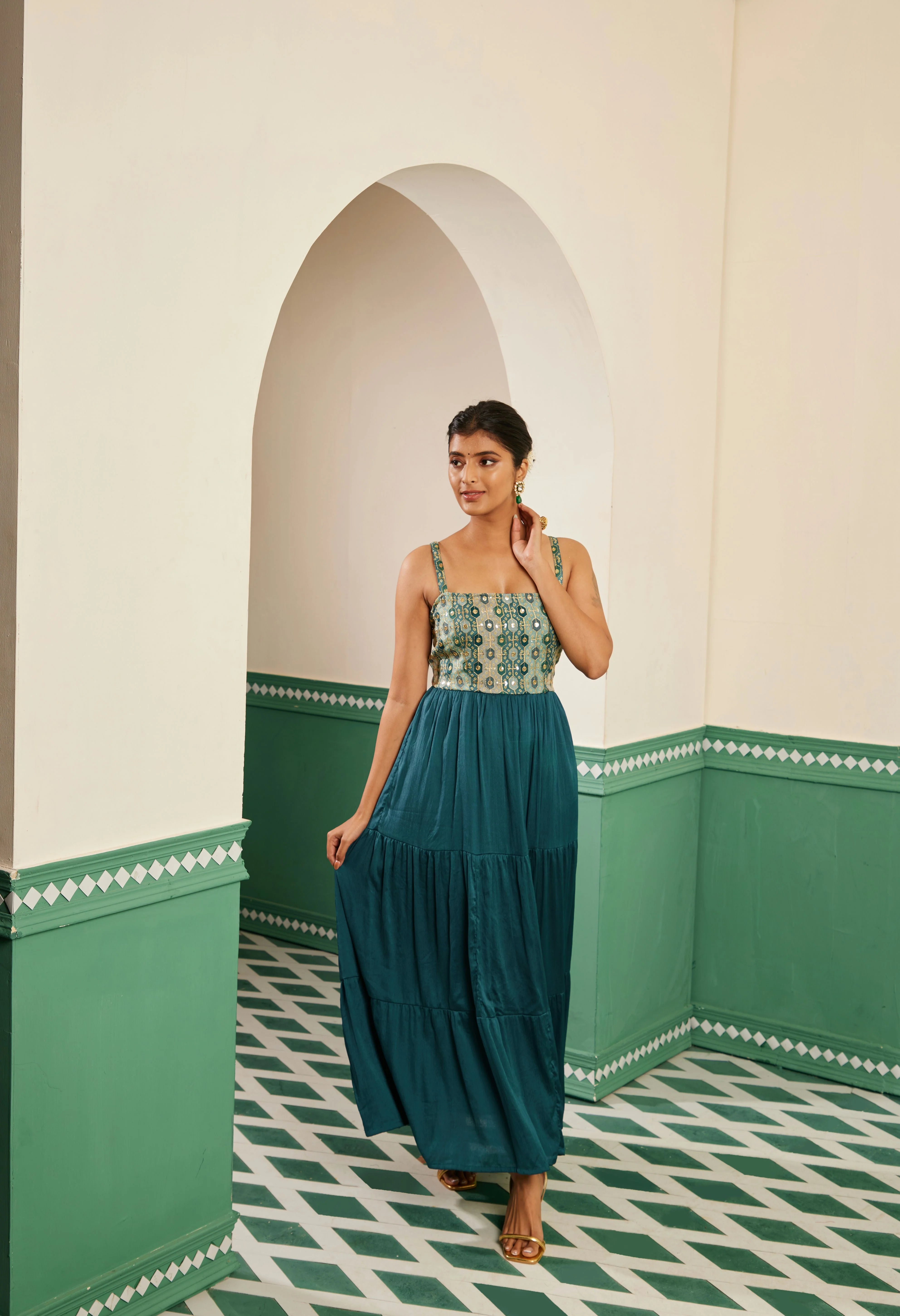 SAJDA TEAL EMROIDERED MAXI DRESS AND DUPATTA SET - Image 4
